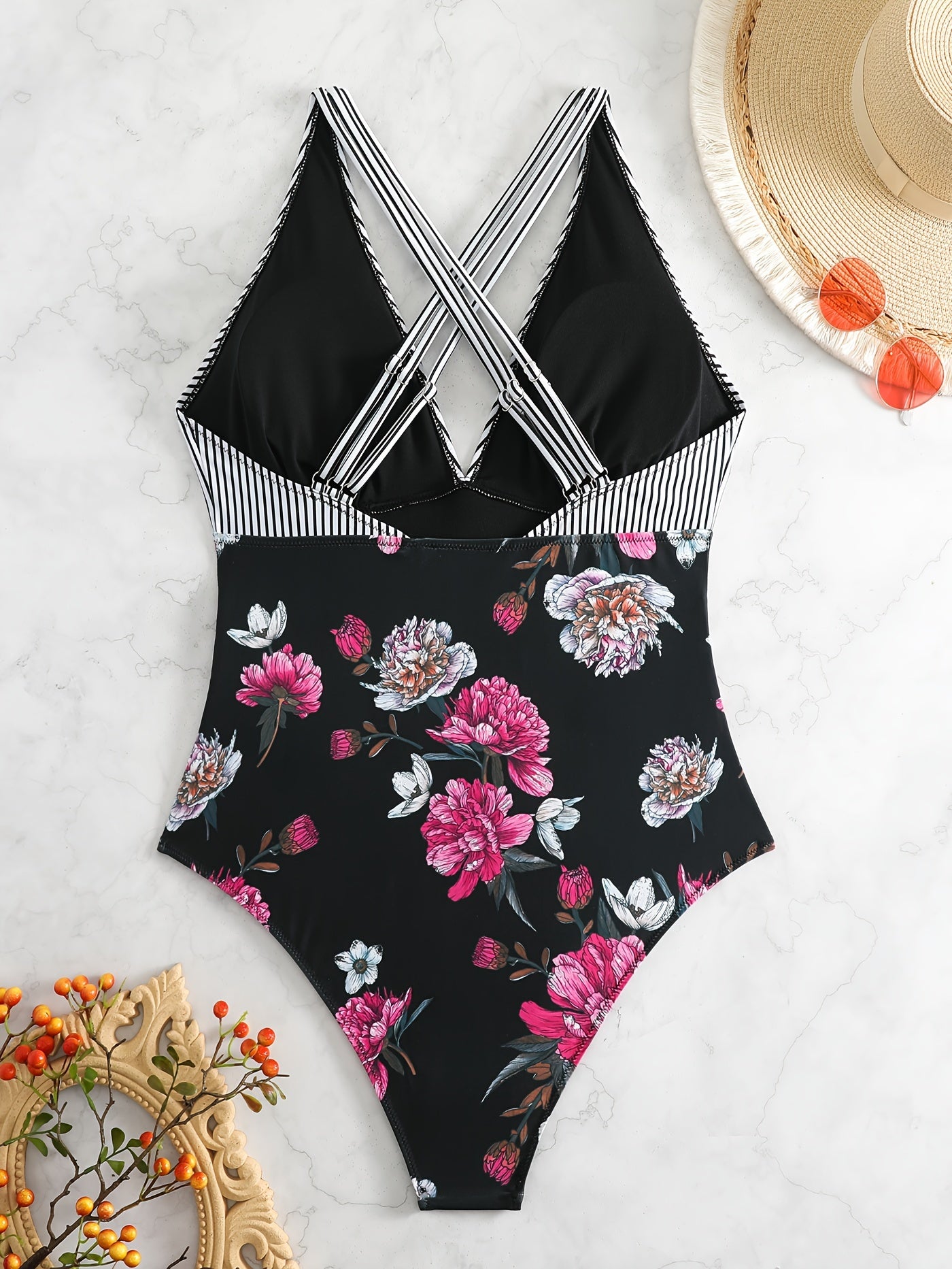  Striped & Floral Print V Neck One Piece Bathing Suit