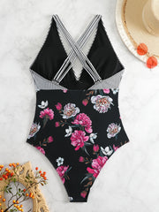  Striped & Floral Print V Neck One Piece Bathing Suit