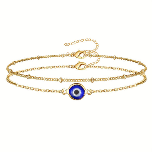 2 PCS Devil's Eye Chain Bracelet Set 18K Plated Stainless Steel Hand Jewelry