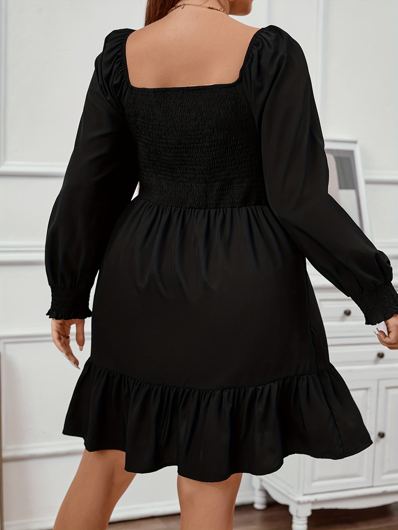 Solid Lantern Sleeve Square Neck Ruffle Dress