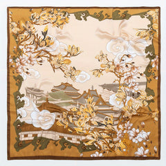 Vintage Palace Garden Plum Blossom Print Bandana Satin Large Square Scarf