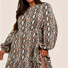  Snake Print Lantern Sleeve Smock Dress