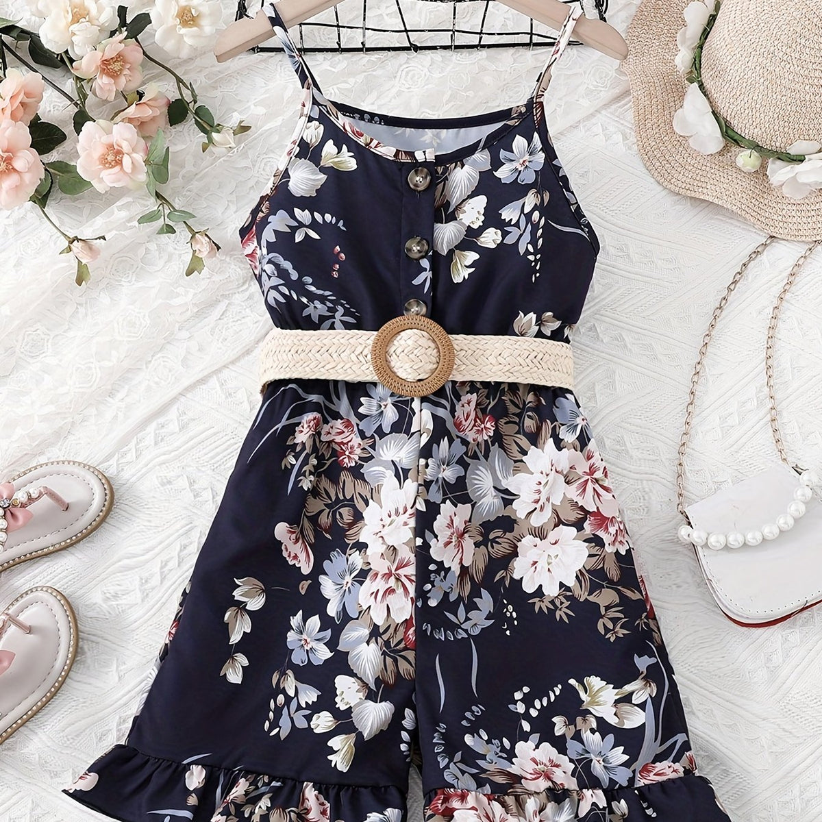 Girls Flowers Print Cami Jumpsuit Rompers With Belt