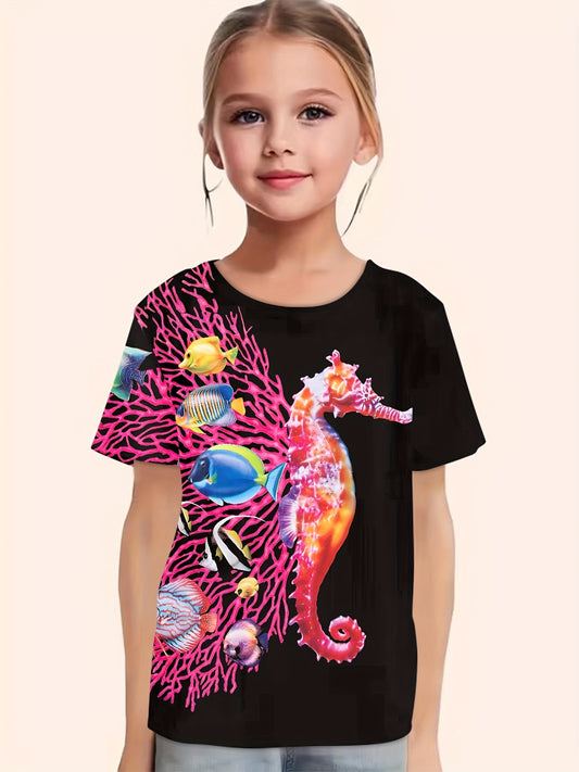 Seahorse Graphic Short Sleeve T shirt For Girls Summer Gift