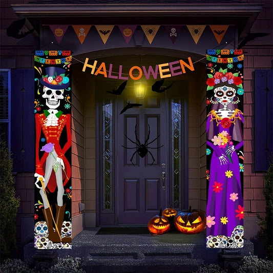 Halloween Skeleton Couple Home Porch Banner Outdoor Door Hanging