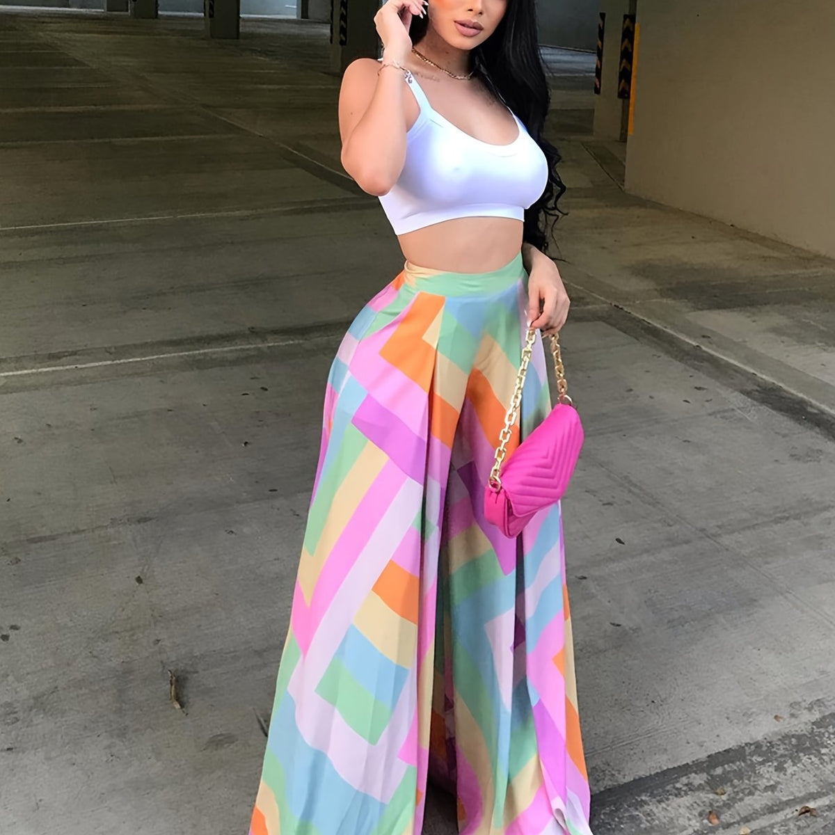  Geometric Print Wide Leg High Rise Pants