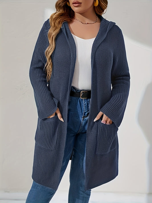  Solid Long Sleeve Hooded Cardigan With Pockets