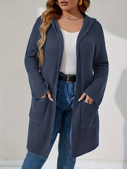  Solid Long Sleeve Hooded Cardigan With Pockets
