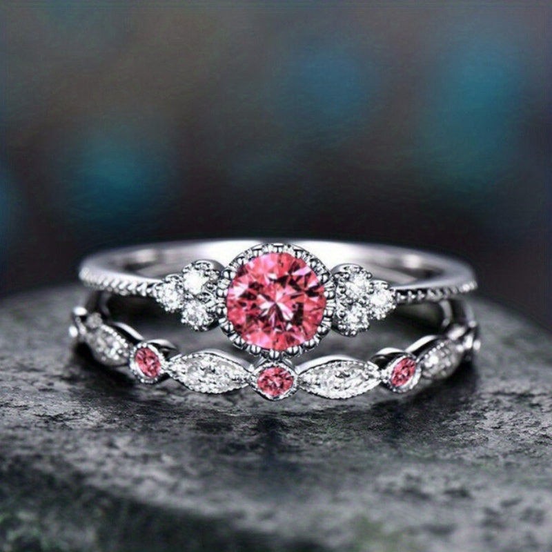 Round Cut Zircon Couple Rings 2 Pcs Set