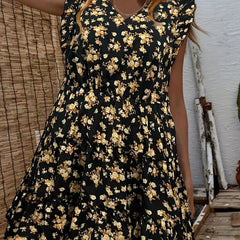  Floral Print Ruffle Trim V Neck Mini Smock Dress