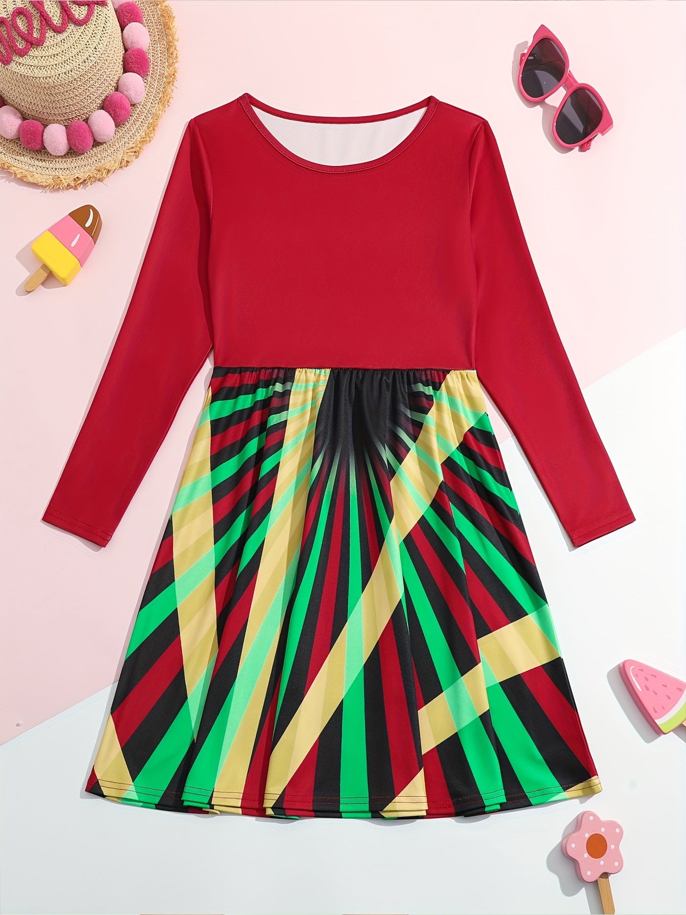 Girls Splicing Long Sleeve Dress Crew Neck Christmas Party Gift