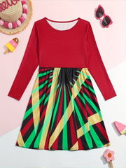 Girls Splicing Long Sleeve Dress Crew Neck Christmas Party Gift