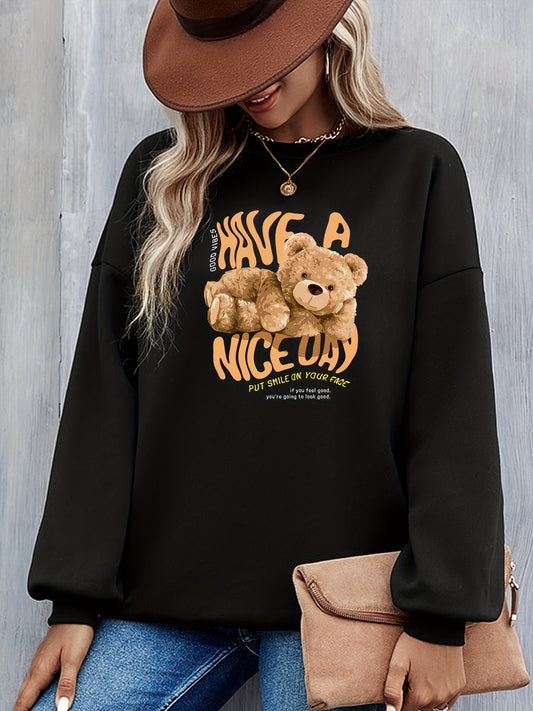 Bear & Slogan Print Crew Neck Sweatshirt for Women