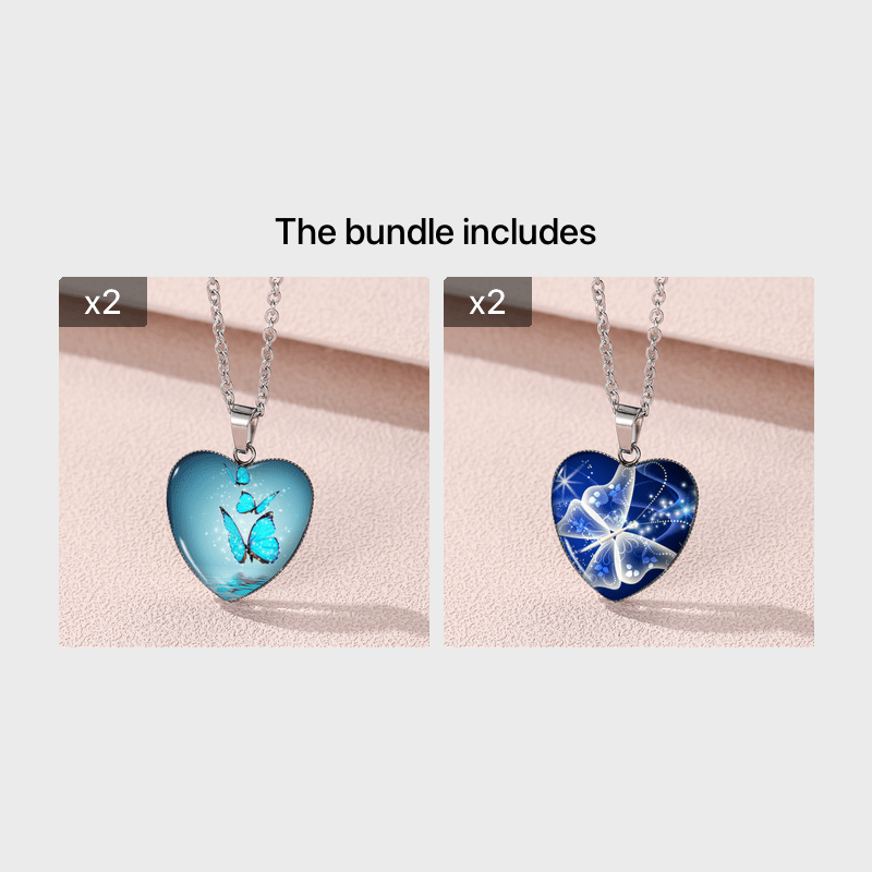 Butterfly Pattern Drop Necklace With Heart Shape Glass Pendant Neck Chain