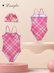 Girl's Plaid One piece Swimsuit & Cap Set Preppy Style Tankini Kids Clothes