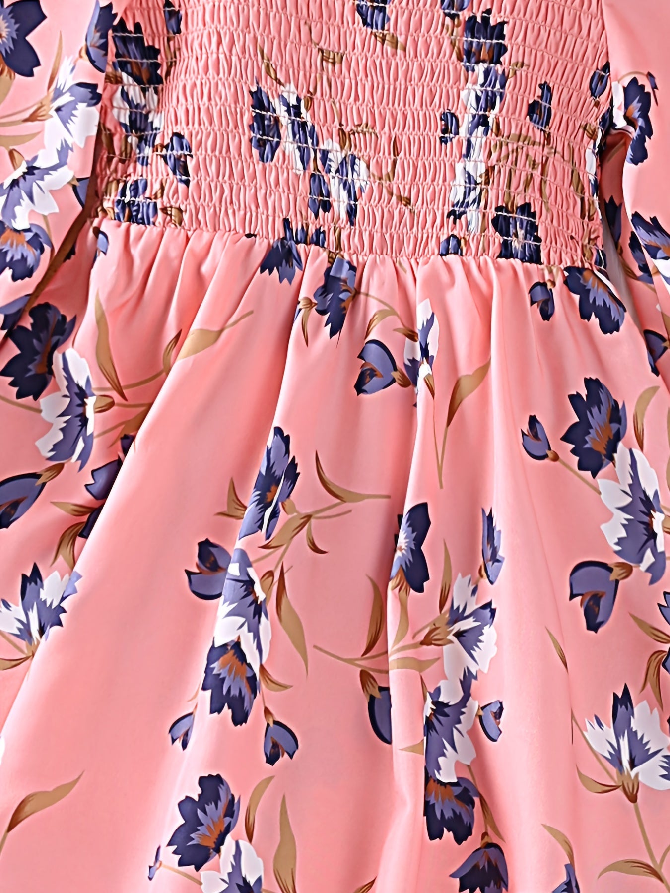 Boho Floral Long Sleeve Dress For Girls With Shirred Waist