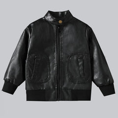 Boy's Fashionable Stand Collar Leather Jacket