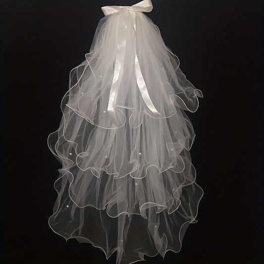 Bowknot Wedding Veil With Faux Pearl Ornament