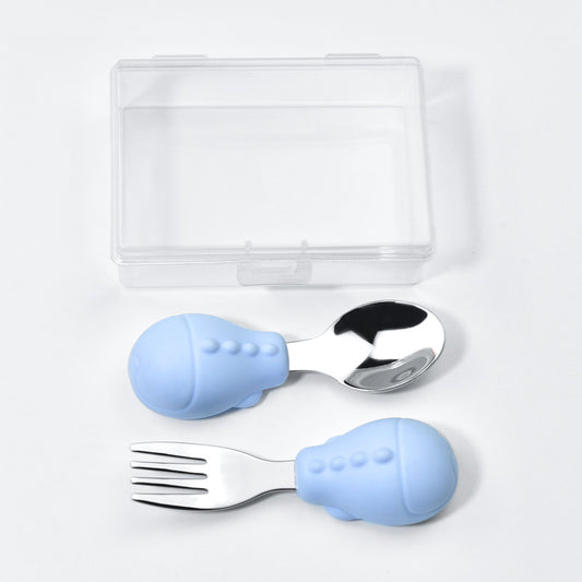 Baby Learn To Eat Training Fork Spoon Short Handle Stainless Steel Tableware