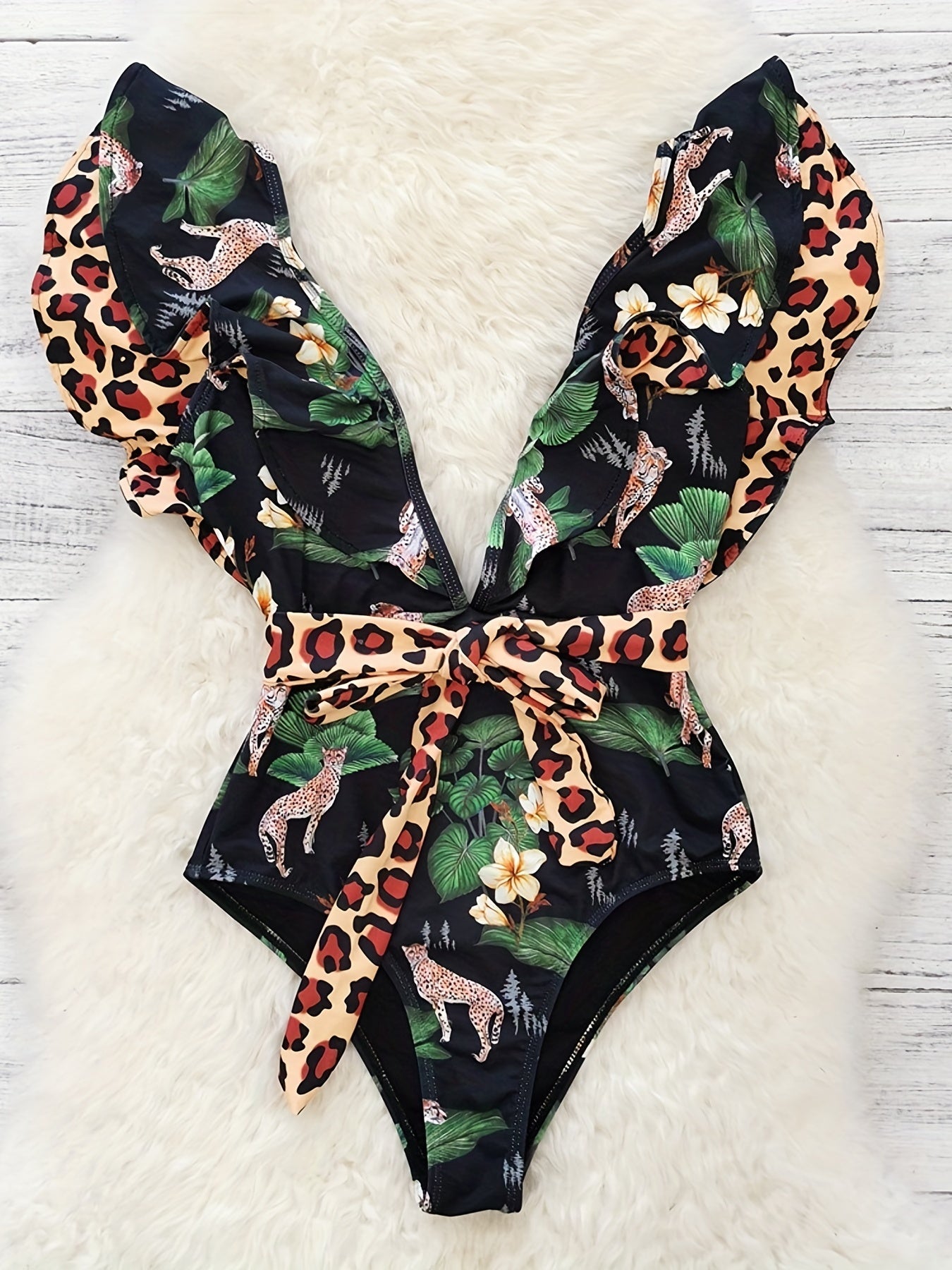 Leopard Print Ruffle Trim Tie Belt One Piece Swimsuit