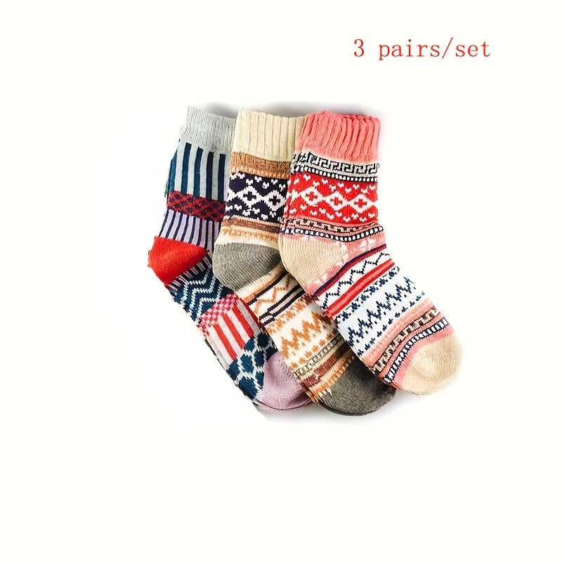 3 Pairs Vintage Warm Cotton Socks Winter Crew Socks