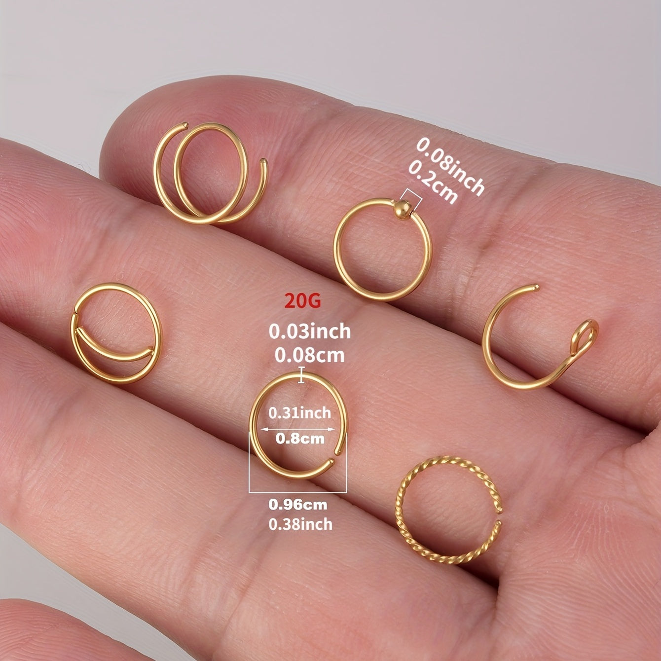 6 Pcs Hinged Nose Ring Set Stainless Steel Body Piercing Jewelry
