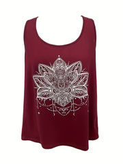  Floral Print Round Neck Stretch Tank Top