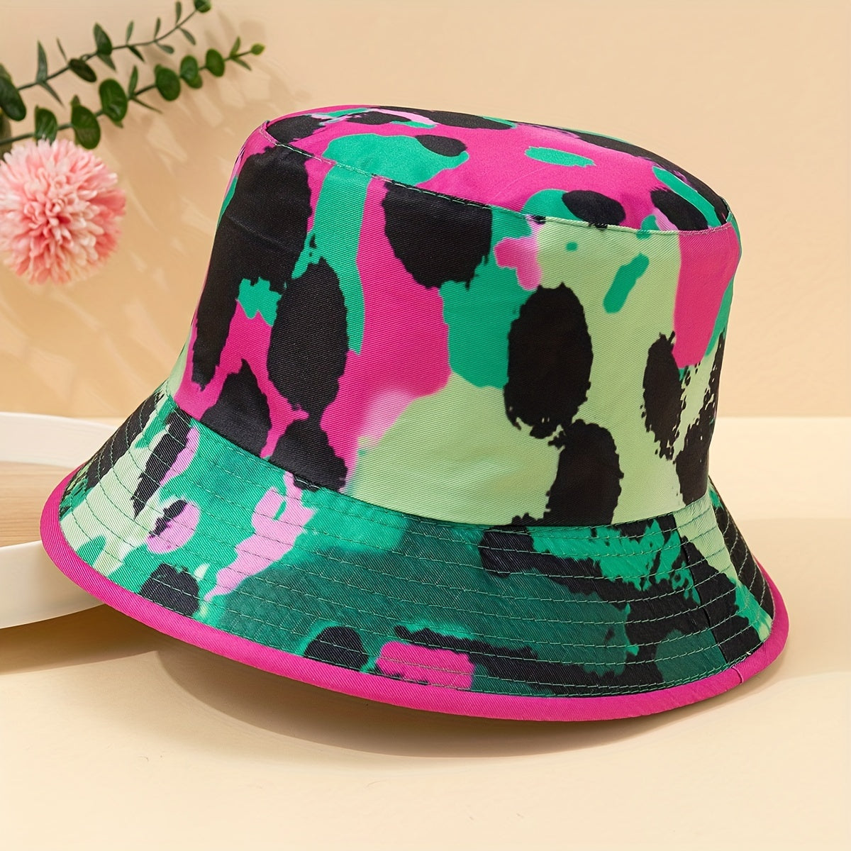 Green Red Leopard Bucket Hat Block Graffiti Print Reversible Fisherman Cap