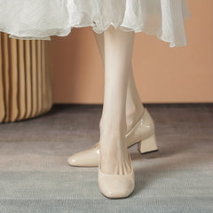Women's Chunky Heeled Court Pumps Square Toe Solid Patent Leather Shoes