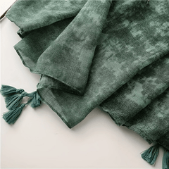 Dark Green Slub Scarf Hemp Feel Yarn Tassel Sunscreen Shawl