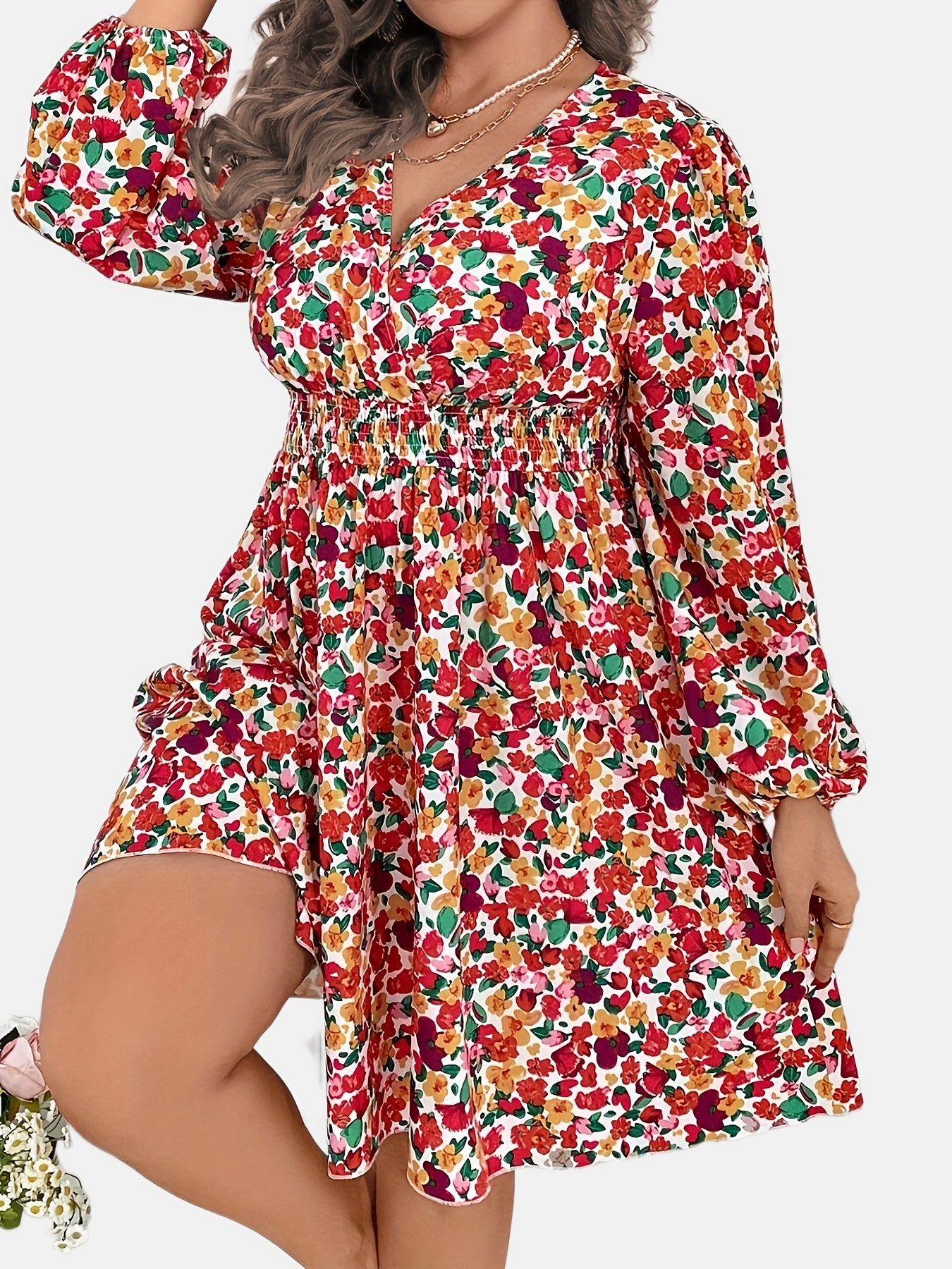  Floral Print Lantern Sleeve Surplice Neck Dress