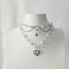 Silver Heart Beaded Choker Necklace Y2K Jewelry