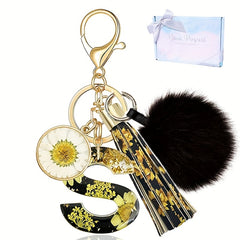 Sunflower Pattern Resin Letter Keychain with Tassel
