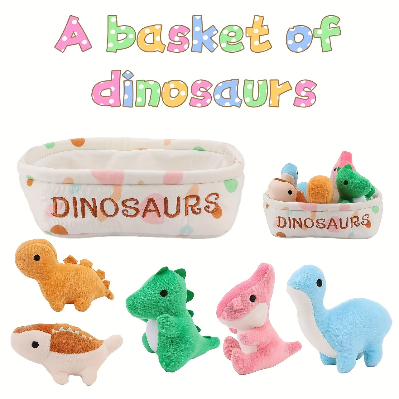 6pc Plush Toy Set Capybara Cat Dinosaur Axolotl Duck in Basket