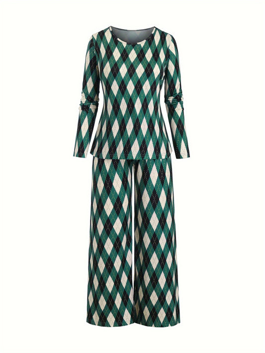  Argyle Print Long Sleeve Tee & Loose Pants Pajamas Set