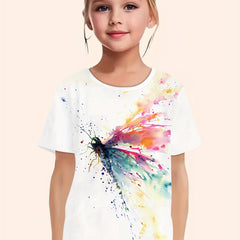 Girls Tie Dye Dragonfly Print Short Sleeve T shirt Comfy Tees Pullover