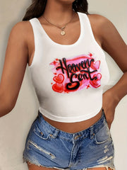 Letter & Heart Print Crop Tank Top Y2K Sleeveless Tank Top For Summer