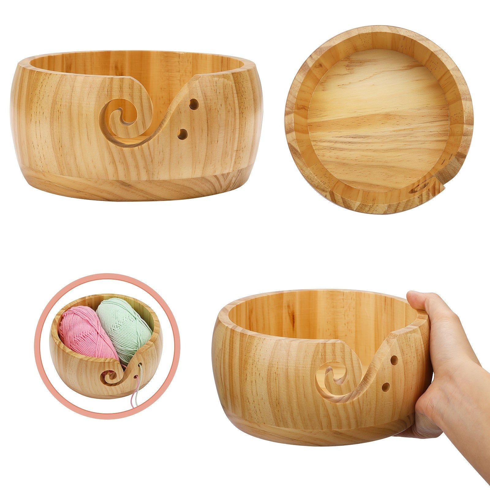 Large Capacity Wooden Yarn Bowl for Knitting Storage