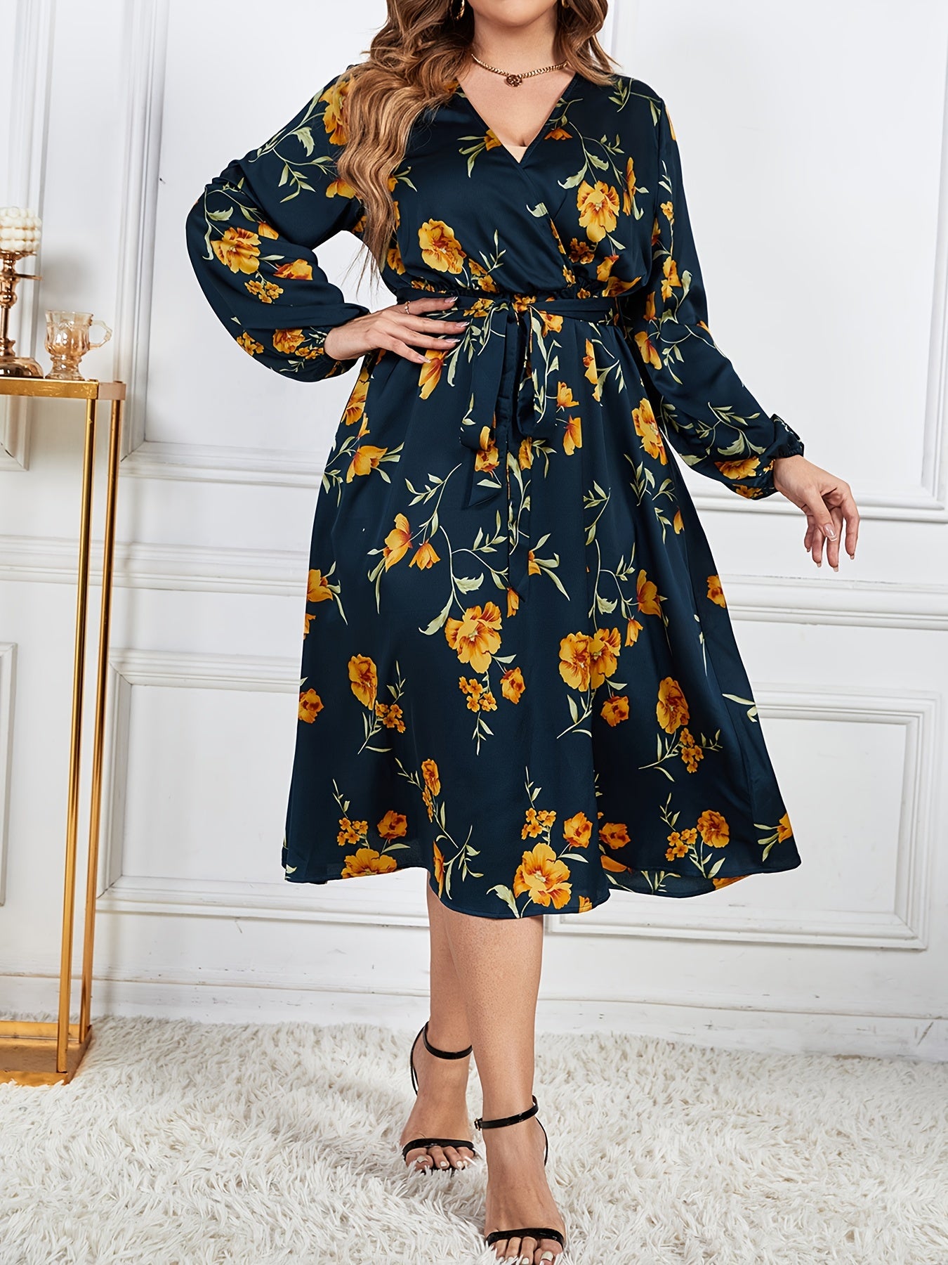 Floral Print Lantern Sleeve Dress with Belt