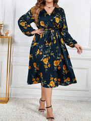 Floral Print Lantern Sleeve Dress with Belt