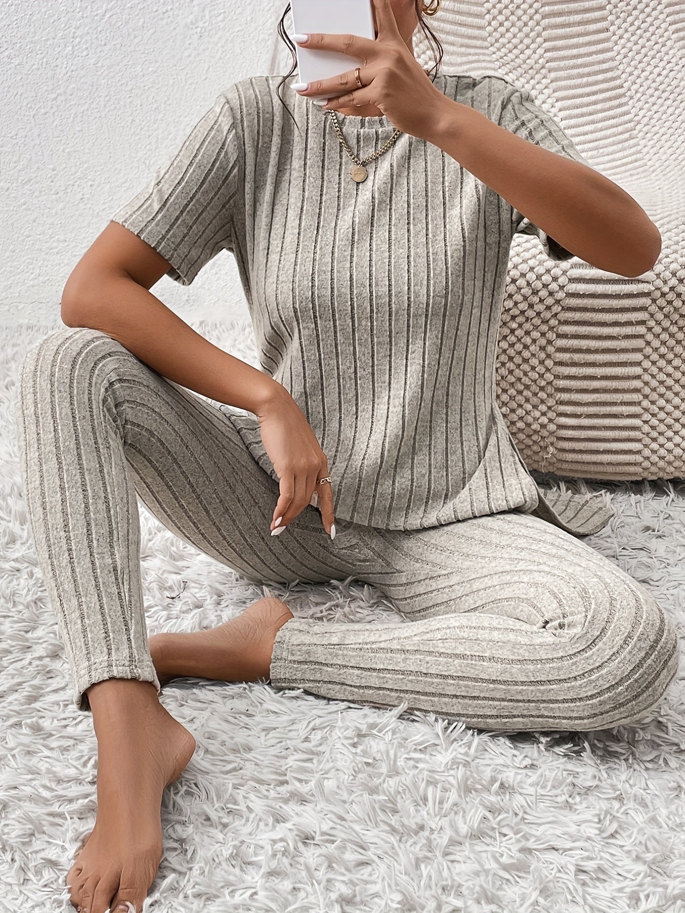 Ribbed Two piece Set Crew Neck Tops & Slim Pants Outfits