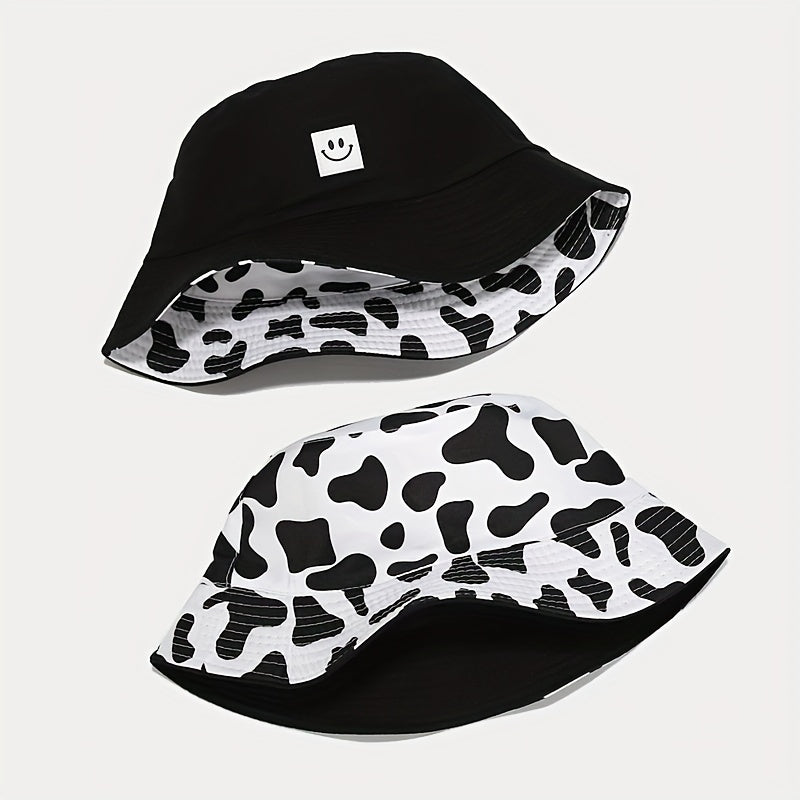 1pc Versatile Bucket Hat Double Sided Smile Face Cow Pattern Sun Hat