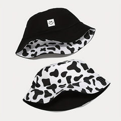 1pc Versatile Bucket Hat Double Sided Smile Face Cow Pattern Sun Hat