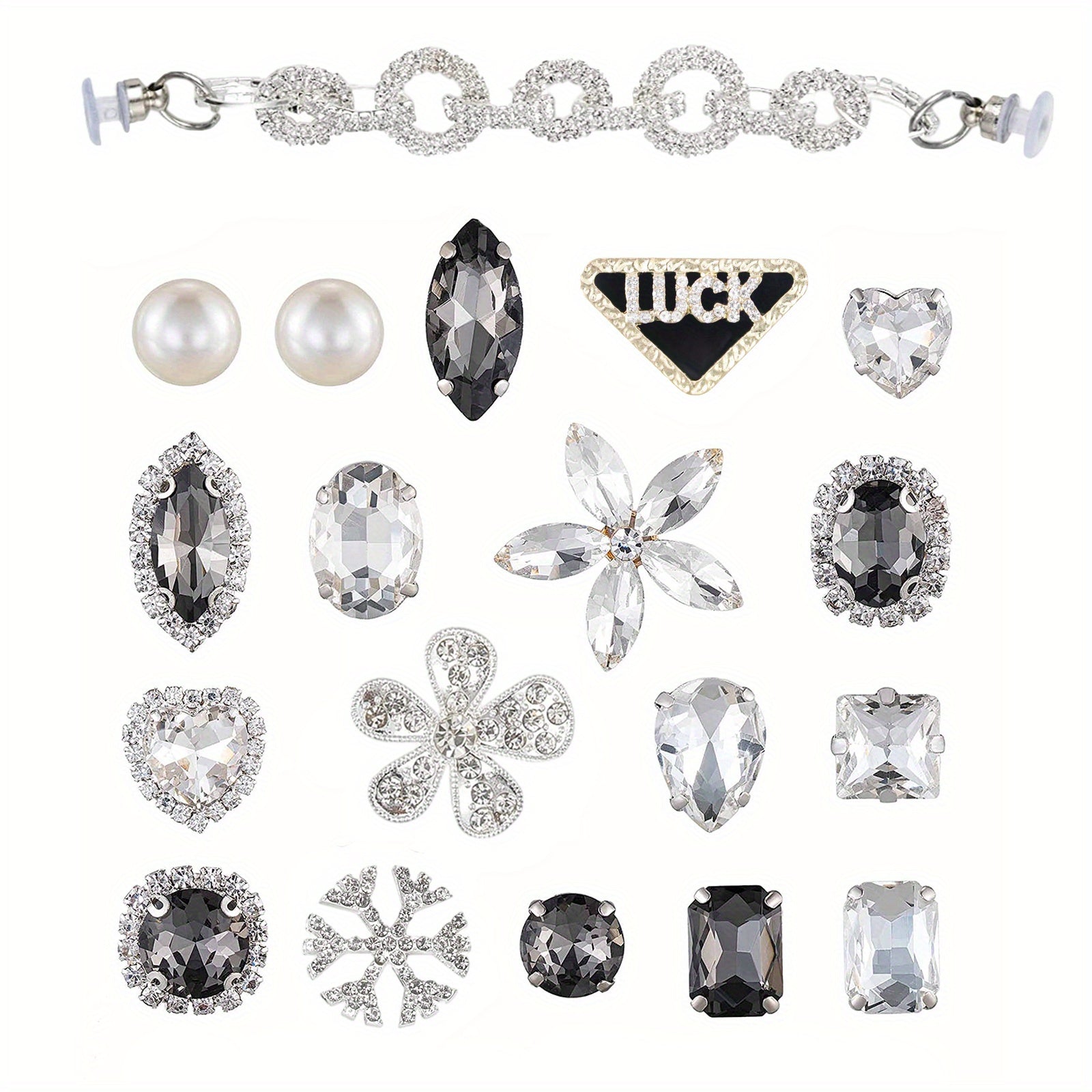 19pcs Rhinestones Flower & Chain for Clogs Sandals Shoes Accessories Decoration