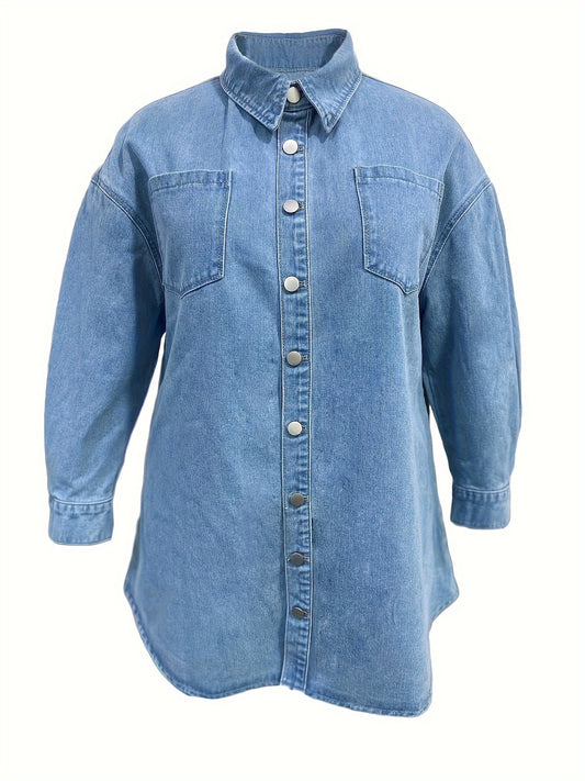  Casual Denim Jacket Women's Plus Solid Button Up Long Sleeve