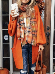  Solid Lantern Sleeve Open Front Knit Cardigan