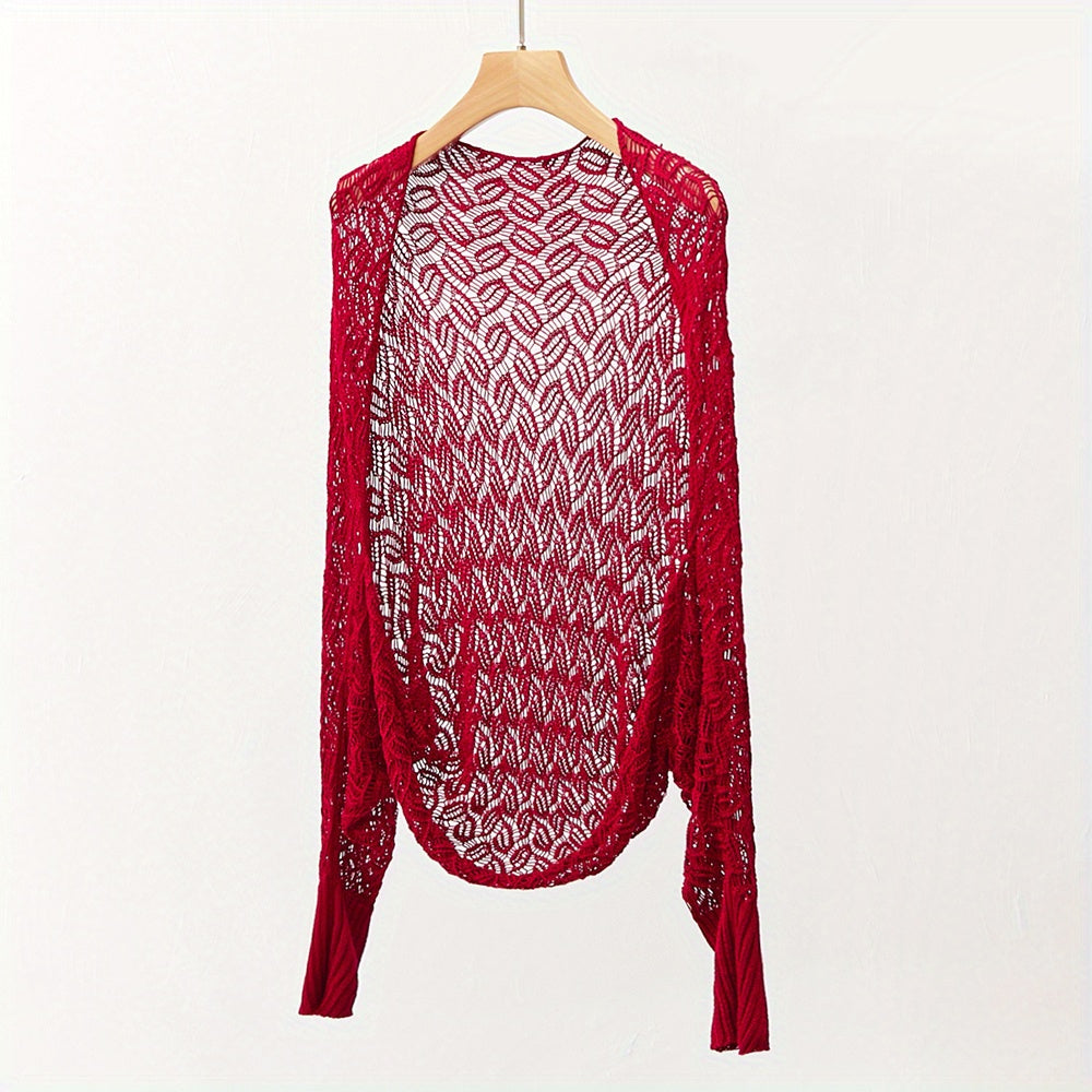 Hollow Out Knitted Shawl Long Sleeve Casual Cape Wraps for Women