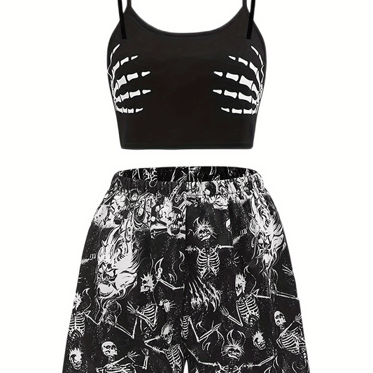  Gothic Skull Print Cami Top & Shorts Set