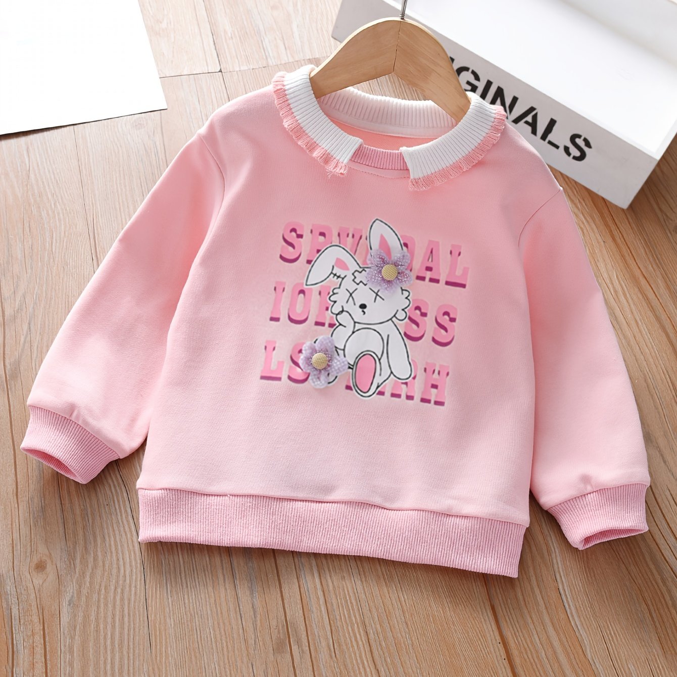 Flower & Bunny Graphic Sweatshirt Top Girls Collared Neck Pullover