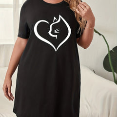  Heart & Cat Print Sleep Dress